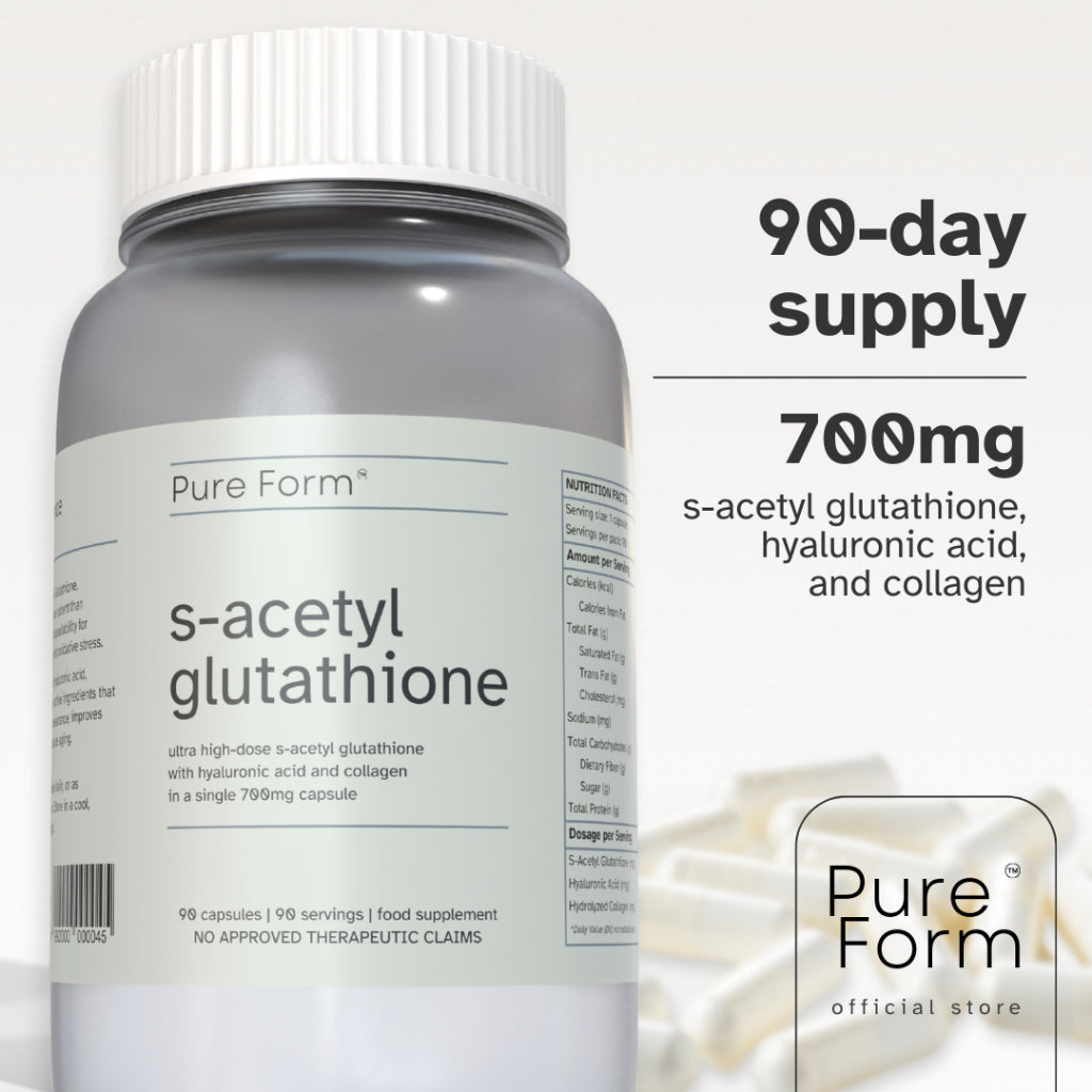Pure Form S-Acetyl Glutathione | 90 Capsules | 700mg of Gluta + Hyaluronic Acid + Collagen