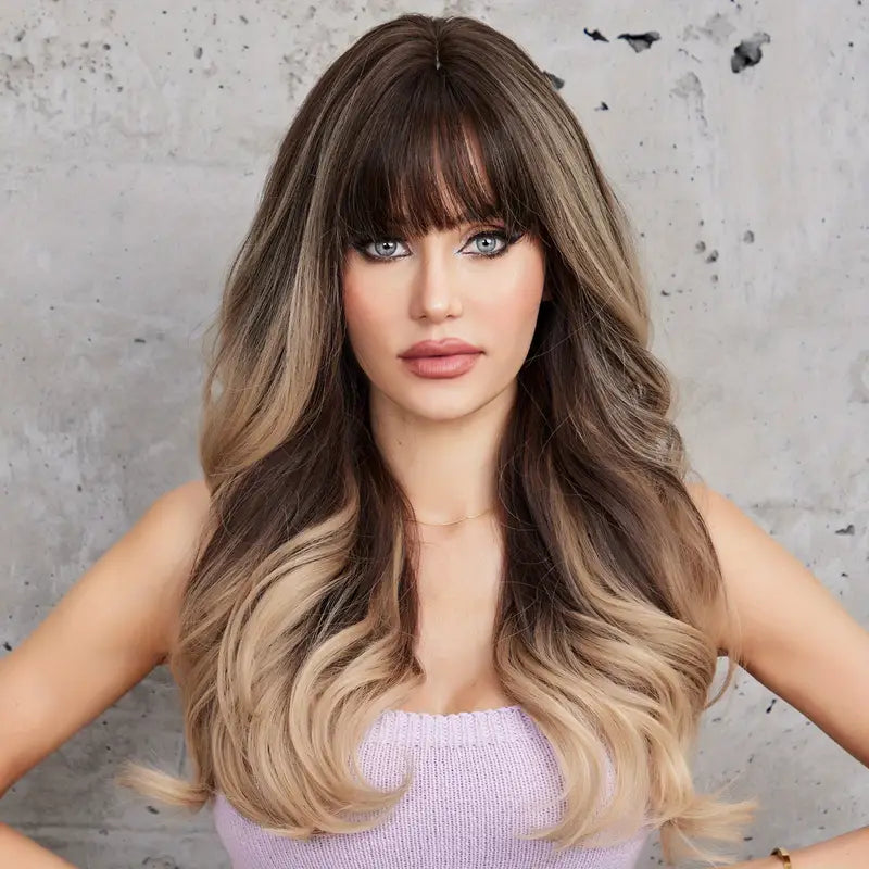 22inch Soft And Nature Long Curly Wigs Light Brown Wigs With Bangs Wigs For Women For Daily Life LC034-1 150% Density