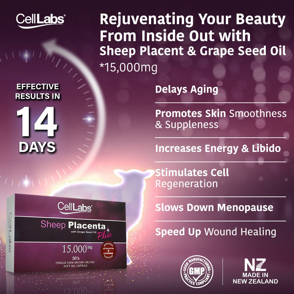 CellLabs 15,000mg Sheep Placenta with Grape Seed Oil Plus Stem Cell 30's capsule