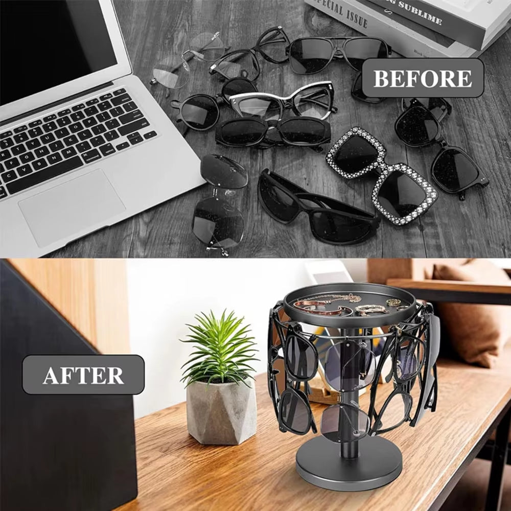 Rotating Sunglass Organizer Eye Glass Display Stand 360-Degree Rotation with Tray Jewelry Storage Organizer Detachable Home