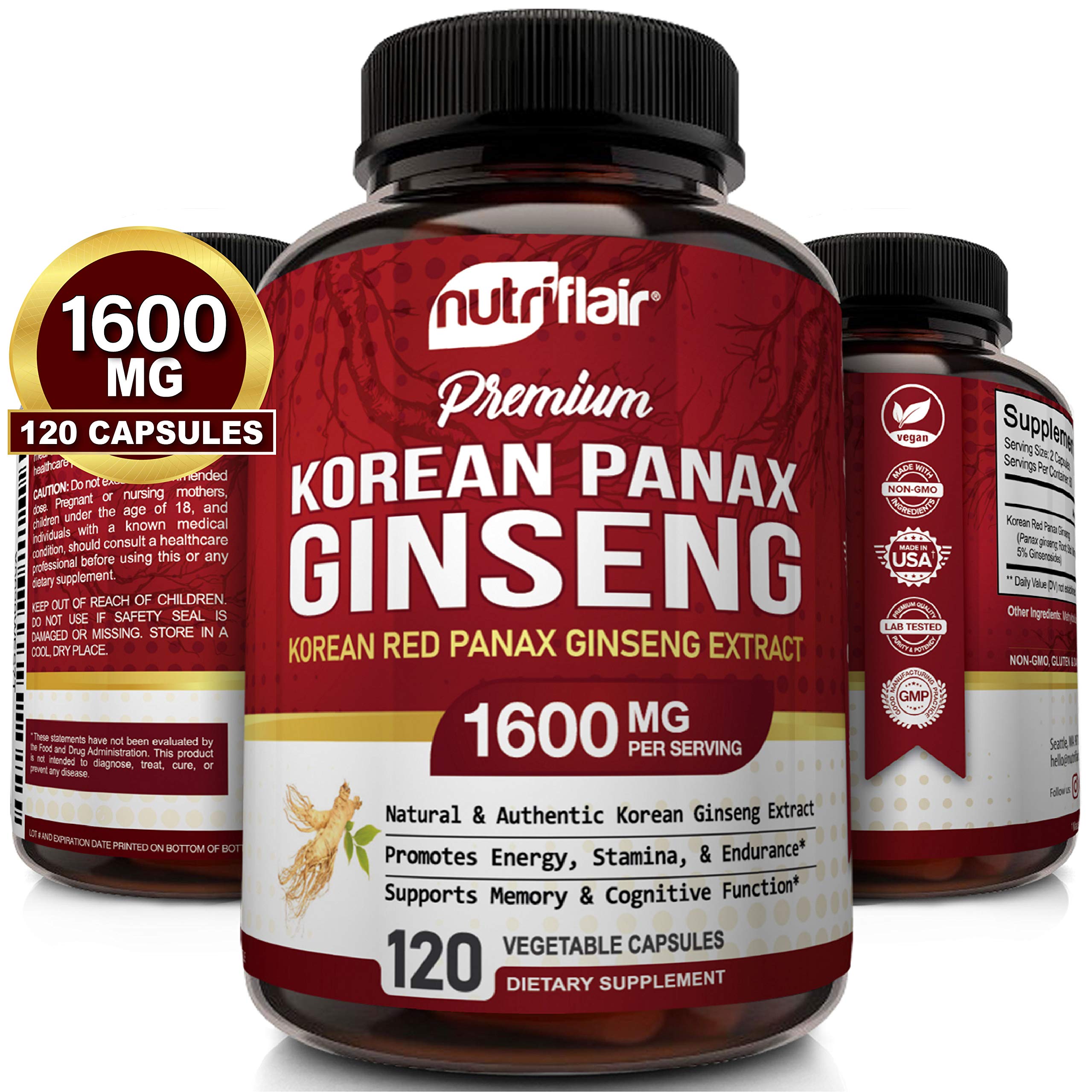 NutriFlair Korean Red Panax Ginseng 1600mg - 120 Vegan Capsules - High Strength Ginseng Root Ginsenosides Extract Powder Supplement - Energy, Focus, Libido, Performance Pills for Women & Men, Non-GMO