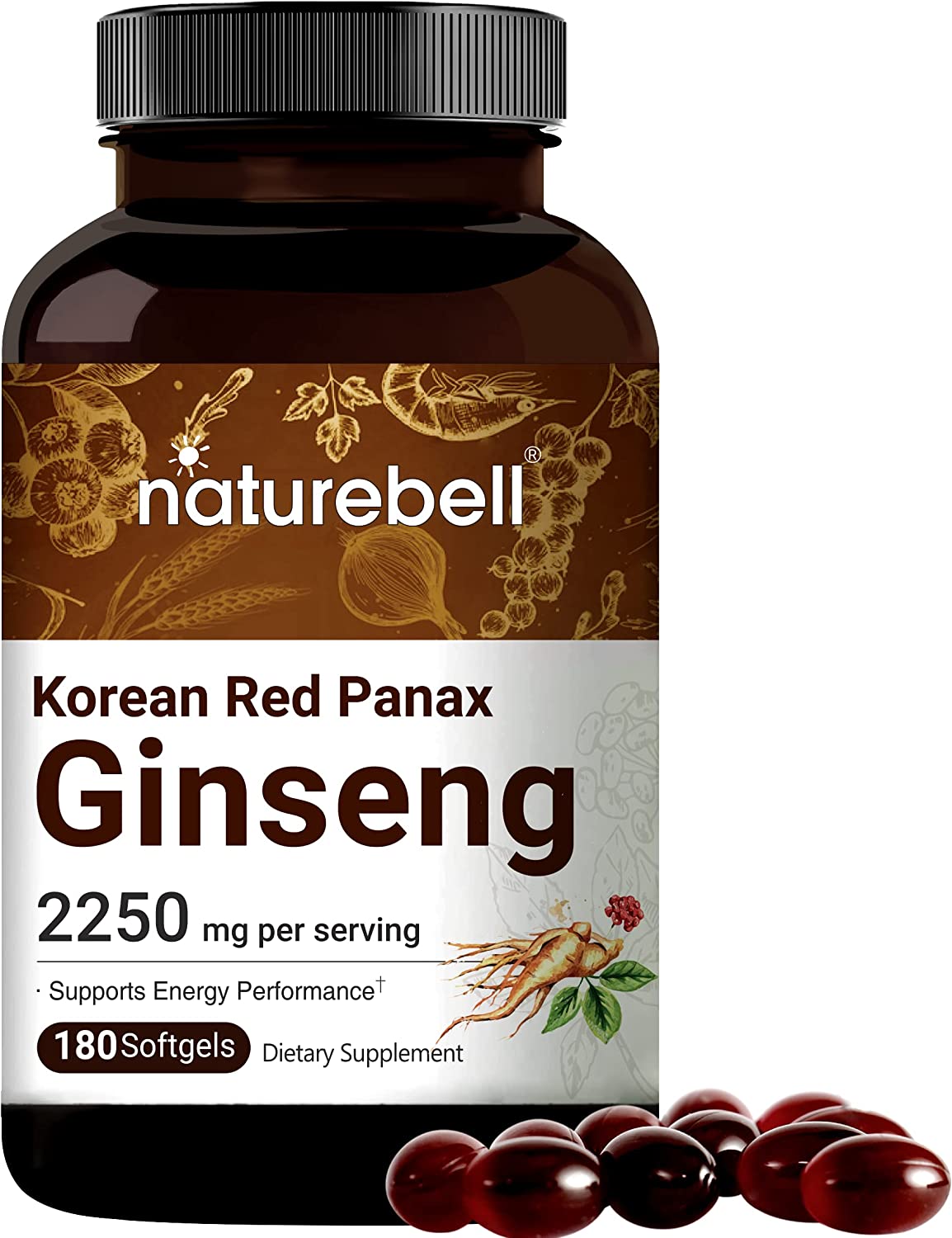 Korean Red Ginseng Supplements (Panax Ginseng Root), 1500mg Per Serving, 180 Liquid Softgels, Most Active Ginsenosides Content, Strongly Support Energy Performance and Immune System, No GMOs