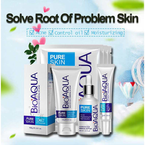 Bioaqua Pure Skin Anti Acne Treatment Set Acne Removal Oil Control Cleanser Serum Cream Mask (4 in 1) Beauty Skincare