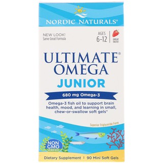 Nordic Naturals, Ultimate Omega Junior, Ages 6-12, Strawberry, 680 mg, 90 Mini Soft Gels